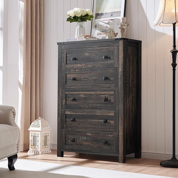 6 Drawer Dresser for Bedroom, 54 Inch Wide Rustic Wood Dresser
