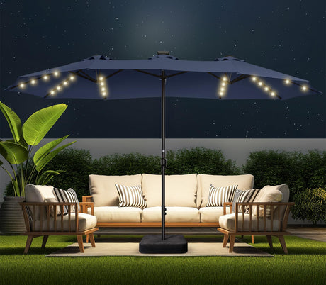 Double Sided Patio Umbrellas - 15ft Solar Lights LED Lighted Outdoor