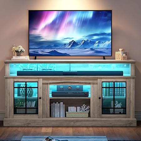 Black TV Stand for 75 Inch TV with LED Lights, 32'' Tall Modern TV Stands w/Adjustable