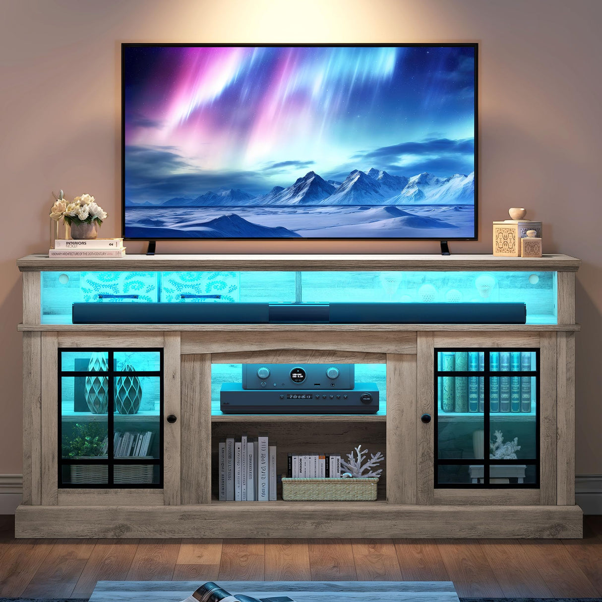 Modern TV Stand for 75 Inch TV with LED Lights, 32'' Tall Mid Century Modern TV Cabinet