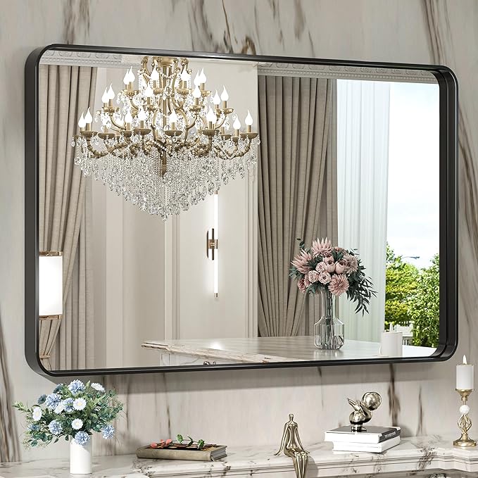 Mirror for Bathroom Black Metal Frame Decorative Rectangular