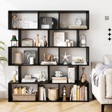 5-Tier Geometric Bookshelf Black, 62.5" Tall Wood S-Shaped Bookcase with Anti-Tipping Device, Floor Standing Display Shelf for Bedroom, Living Room, Study