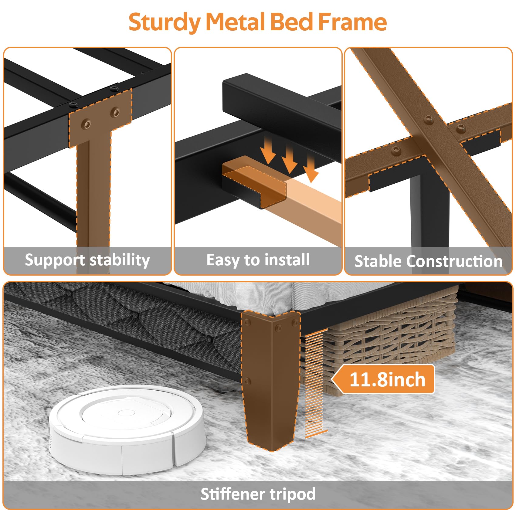 Full Bed Frame with Ergonomic Headboard, Platform Bed Frame with RGB Lights