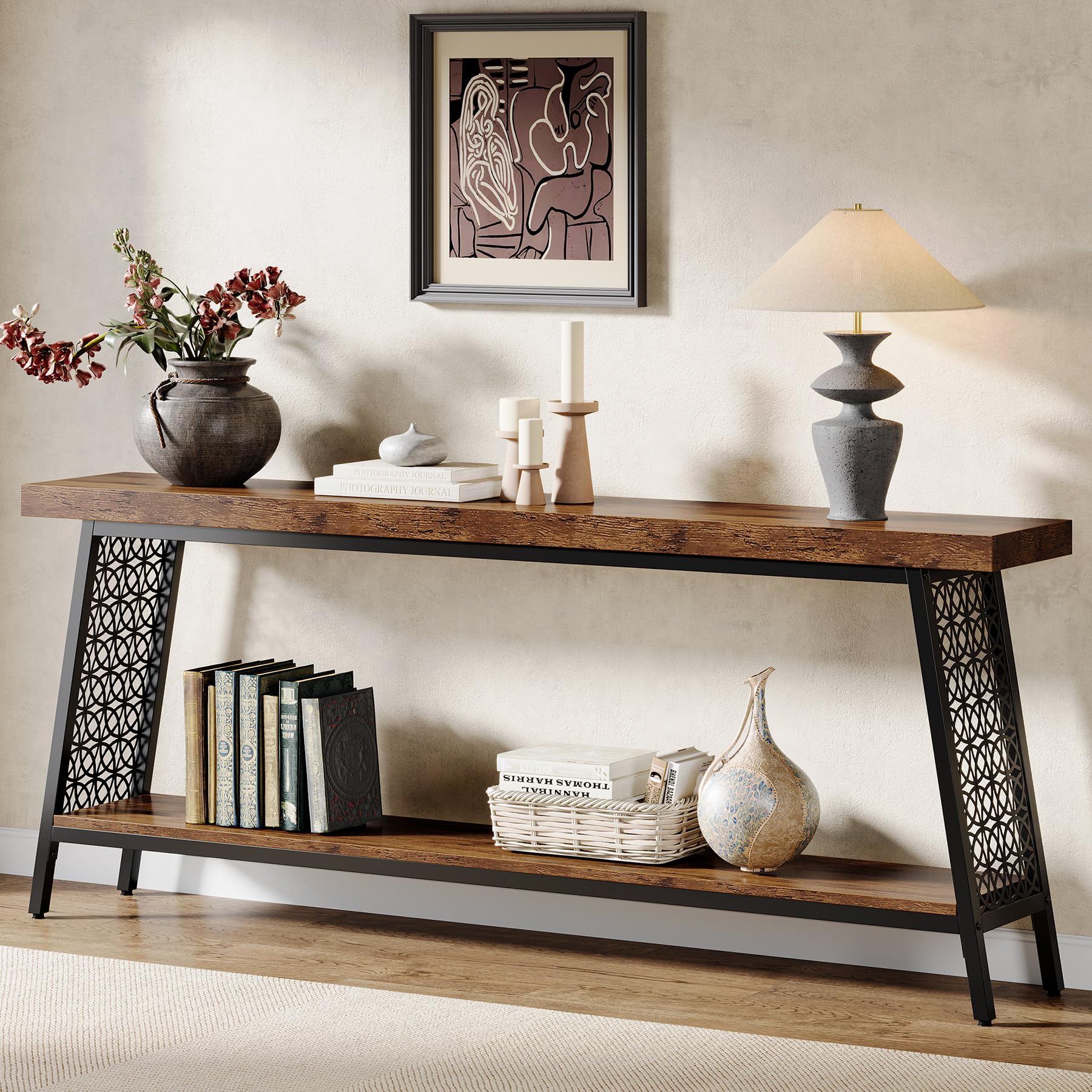 70.9" Console Table, 2-Tier Extra Long Sofa Table, Industrial Entryway Table Behind Couch