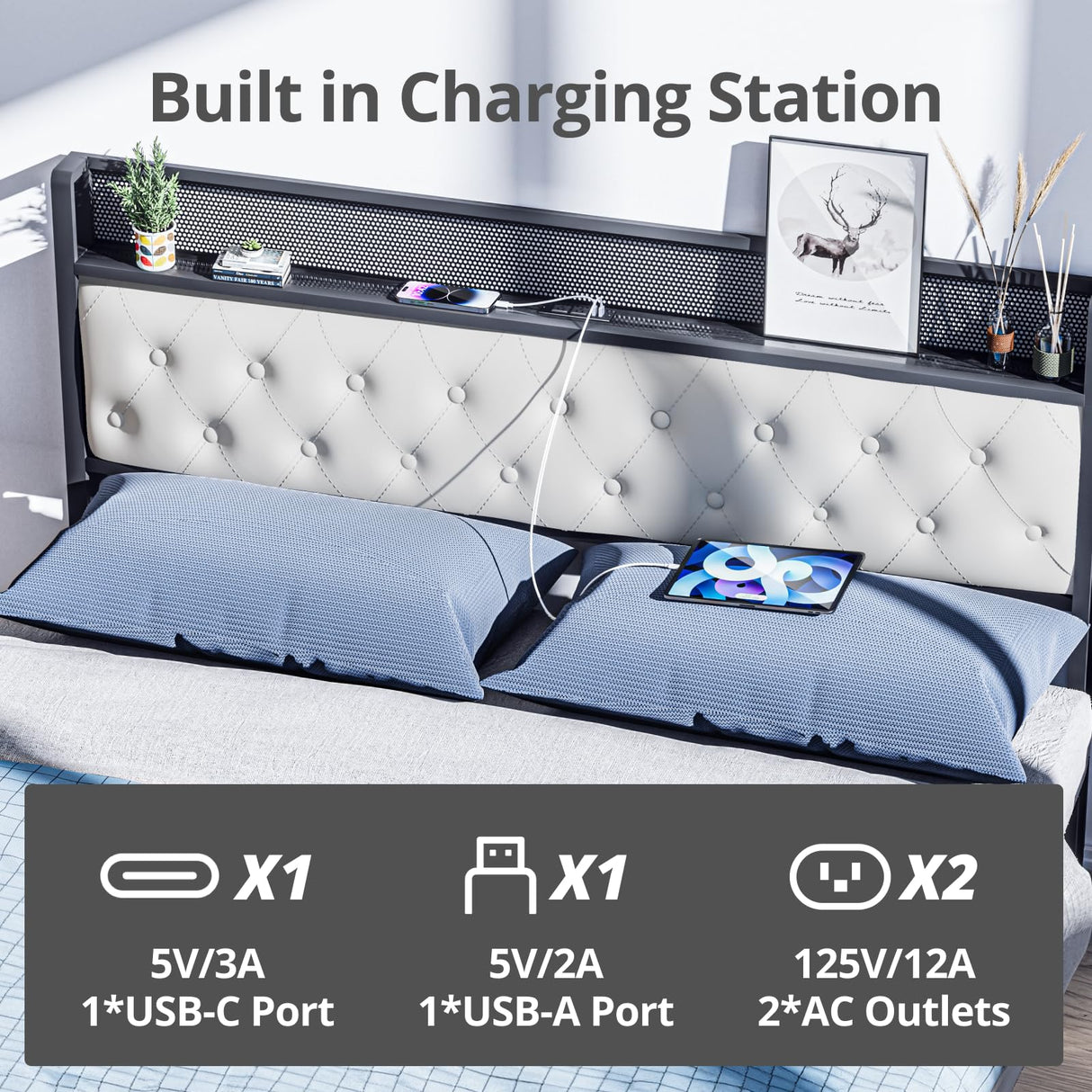 Queen Bed Frame with 4 Storage Drawers, Charging Station and LED Lights, Upholstered Headboard with Storage Shelves