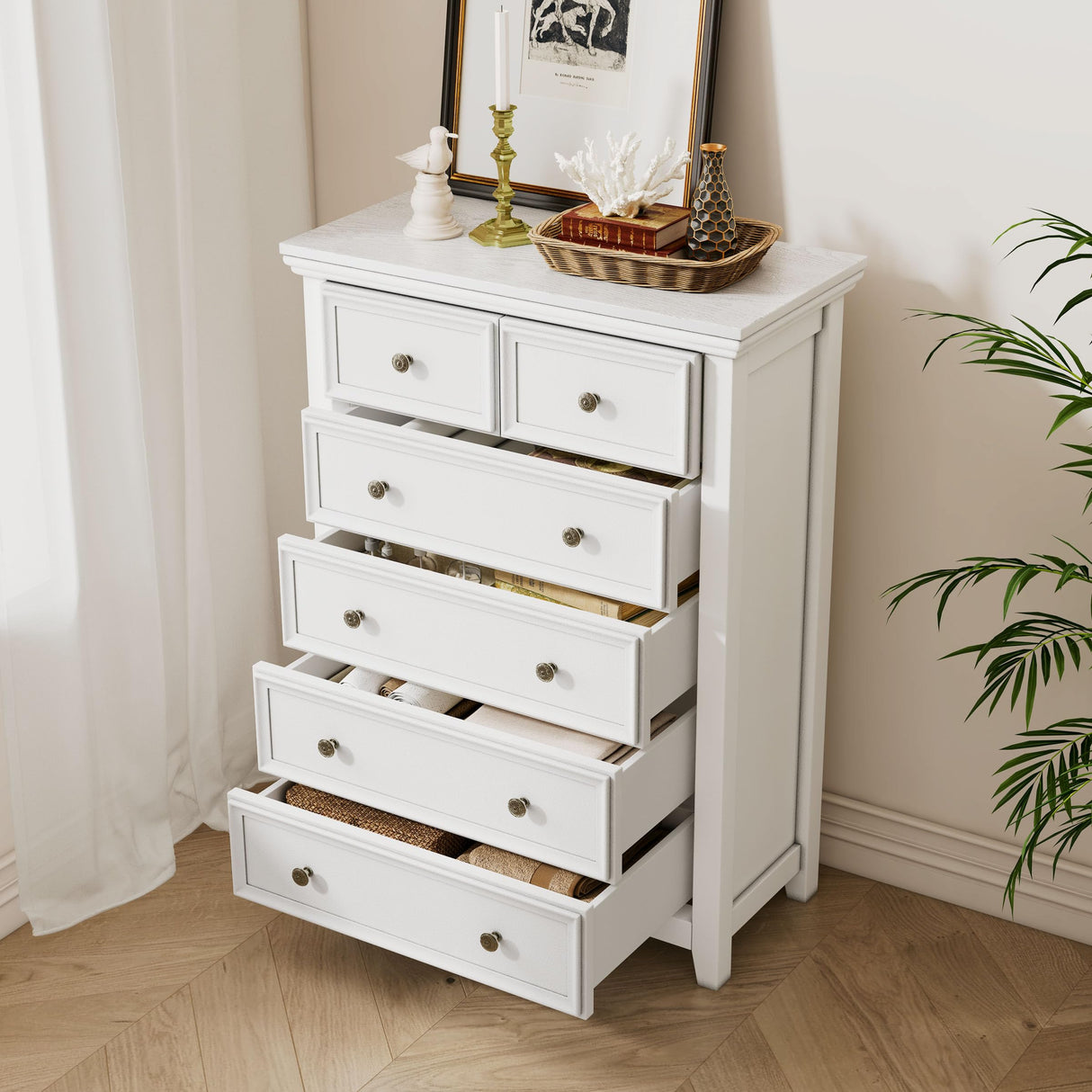 White Dresser for Bedroom, 6 Chest of Drawer, 6 Drawers Dresser Tall Nightstand