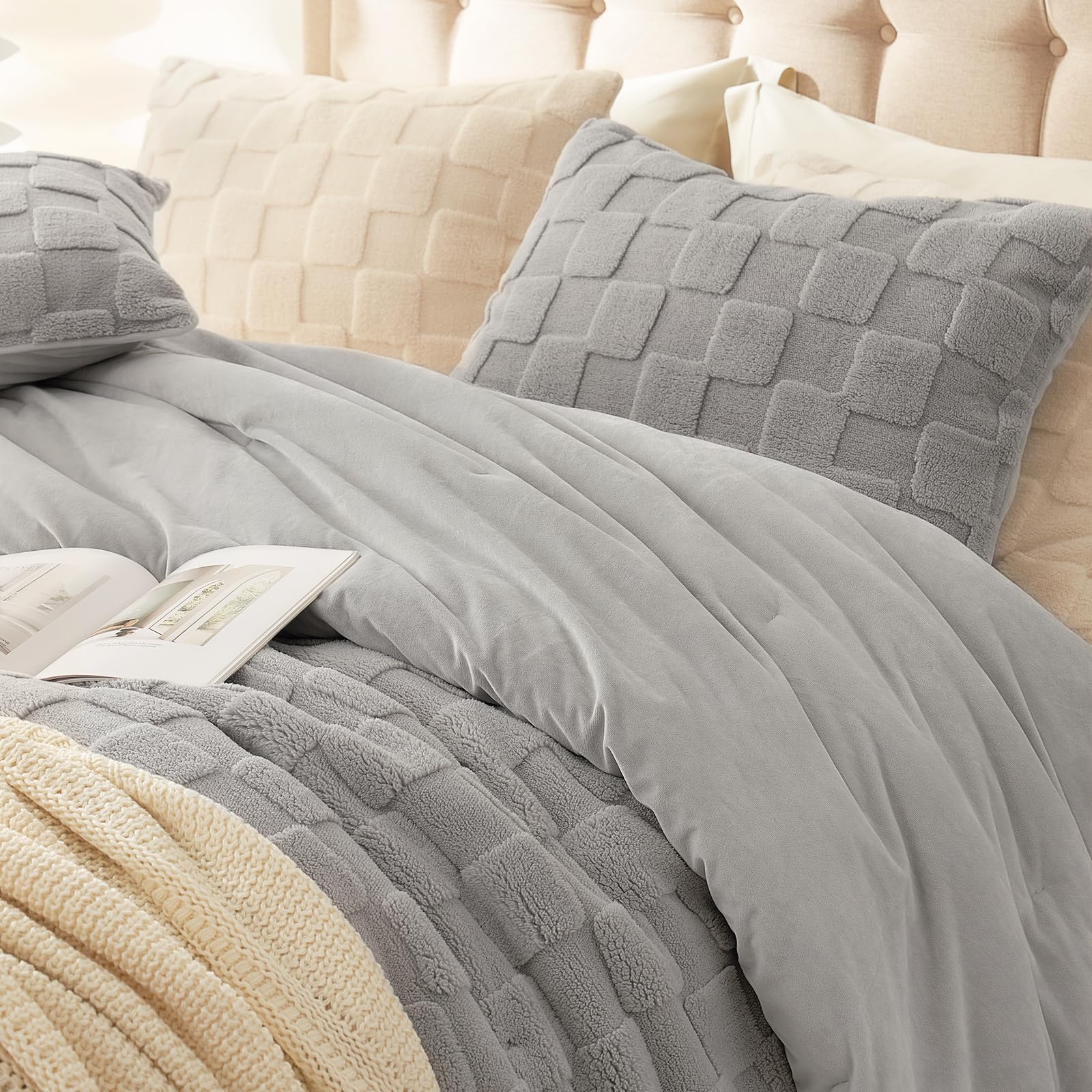 Fluffy King Size Comforter Set Grey, Farmhouse Jacquard Checkered Sherpa Bed Set