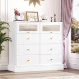 White Dresser, 8 Drawer Dresser with 2 Glass Doors, White and Gold Dresser Chest