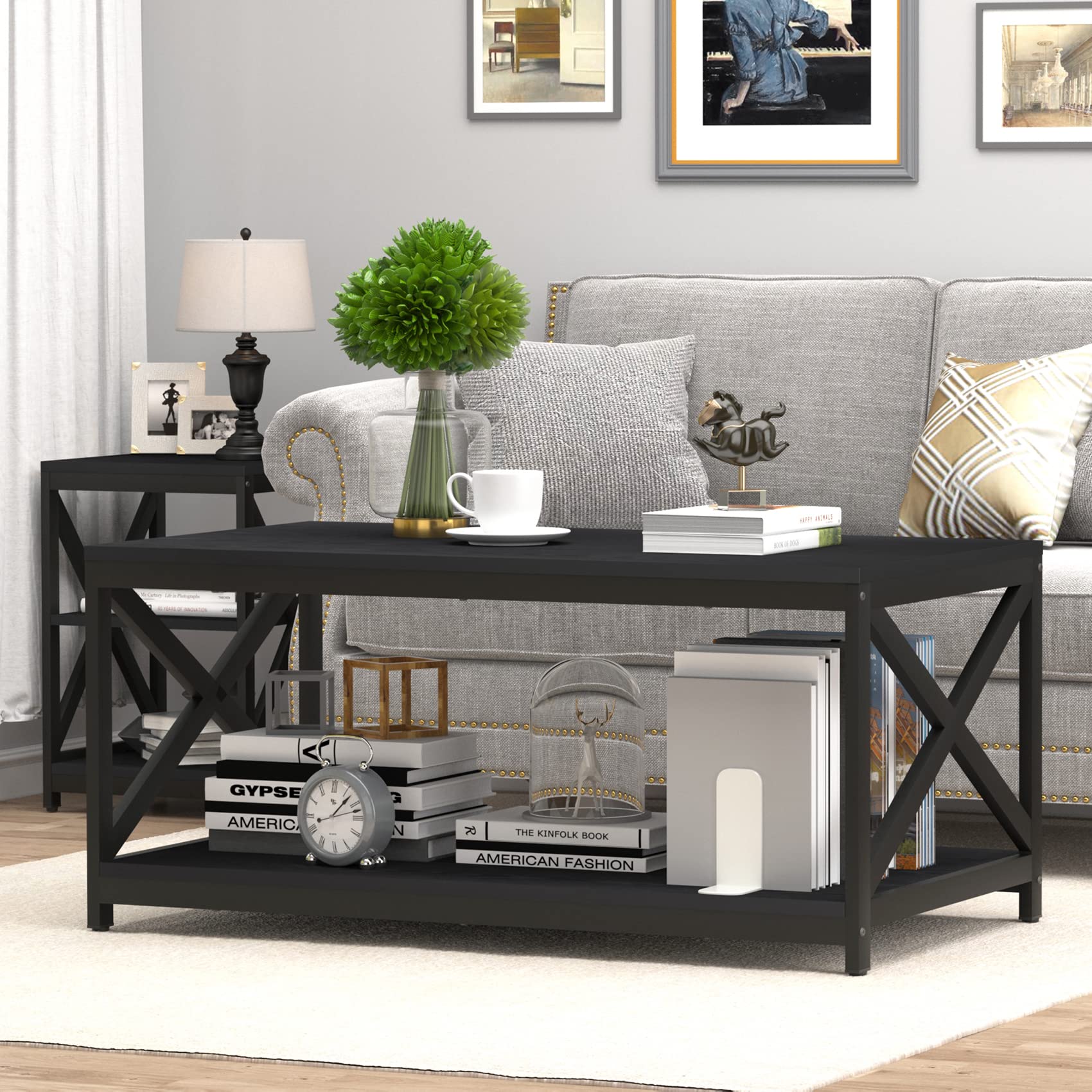 Living Room Coffee Table Set of 3, Industrial X-Design Coffee Table and 2 End Side