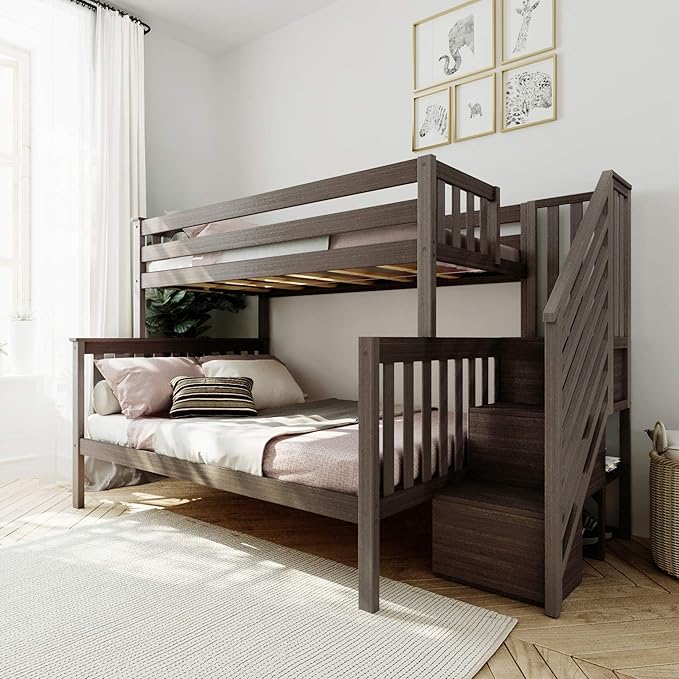 Twin-Over-Full Bed Frame For Kids With Stairs, White