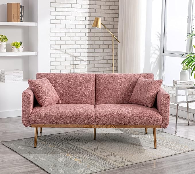 Velvet Futon Sofa Bed with 3 Adjustable Positions, Small Sleeper Sofa Loveseat with 2