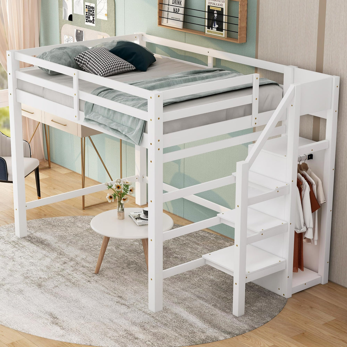 Full Loft Bed, Loft Bed Full Size with Storage Staircase and Wardrobe for Clothes, Wooden