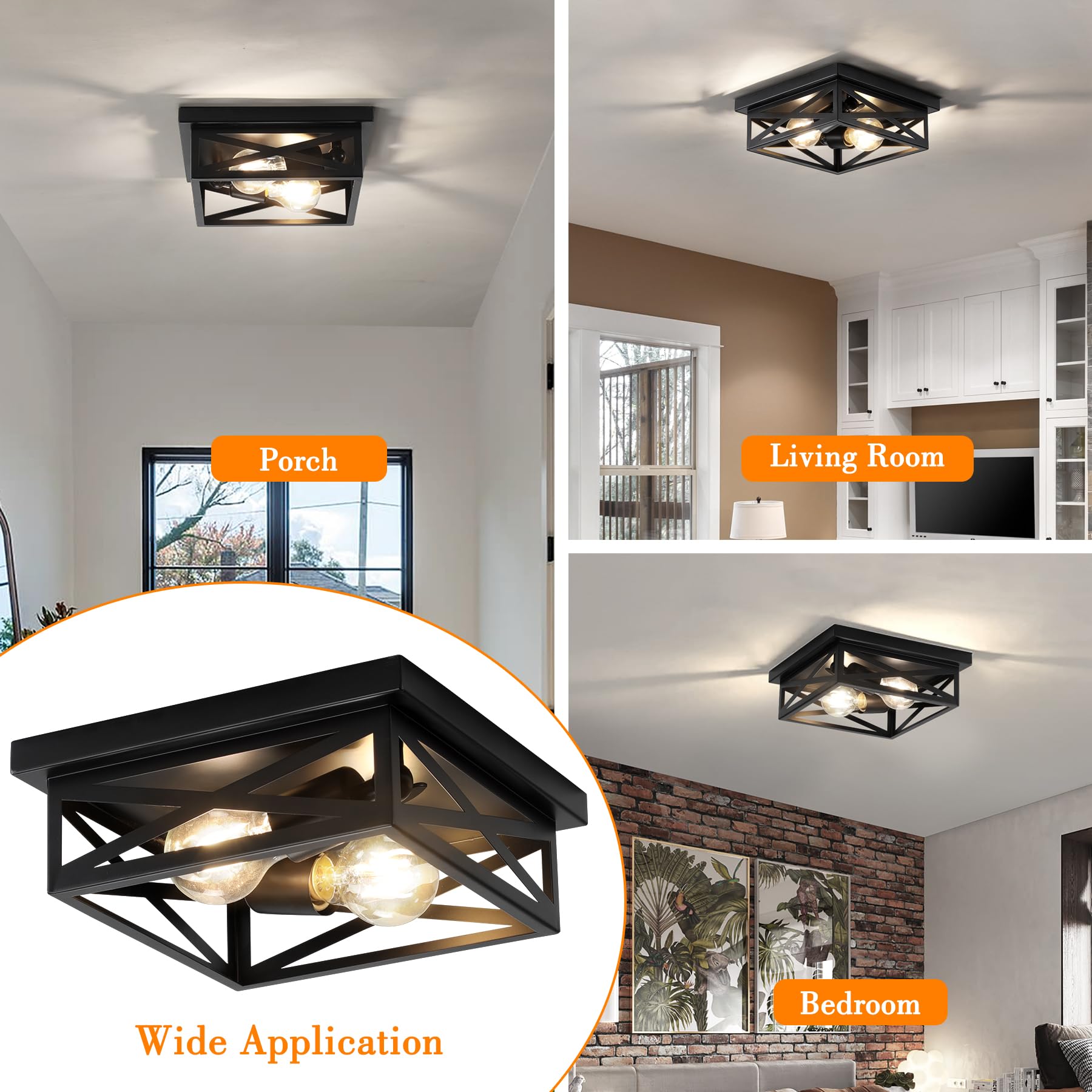 Black Rustic Metal Flush Mount Ceiling Light Fixture, 2-Light Industrial Farmhouse Hallway