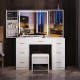 Large Lighted Vanity Desk with Stool, 7 Drawers, Adjustable Lighting - For Women,