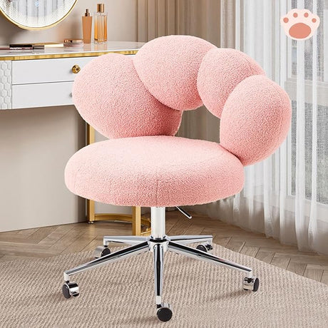 Armless Desk Chair Teddy Fabric Makeup Vanity Chair with Wheels & Adjustable Height Cute Office Chair Criss Cross Cross