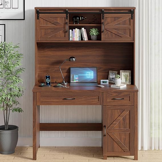 Rustic Executive Desk with Hutch & Storage – 47” Solid Wood Workstation
