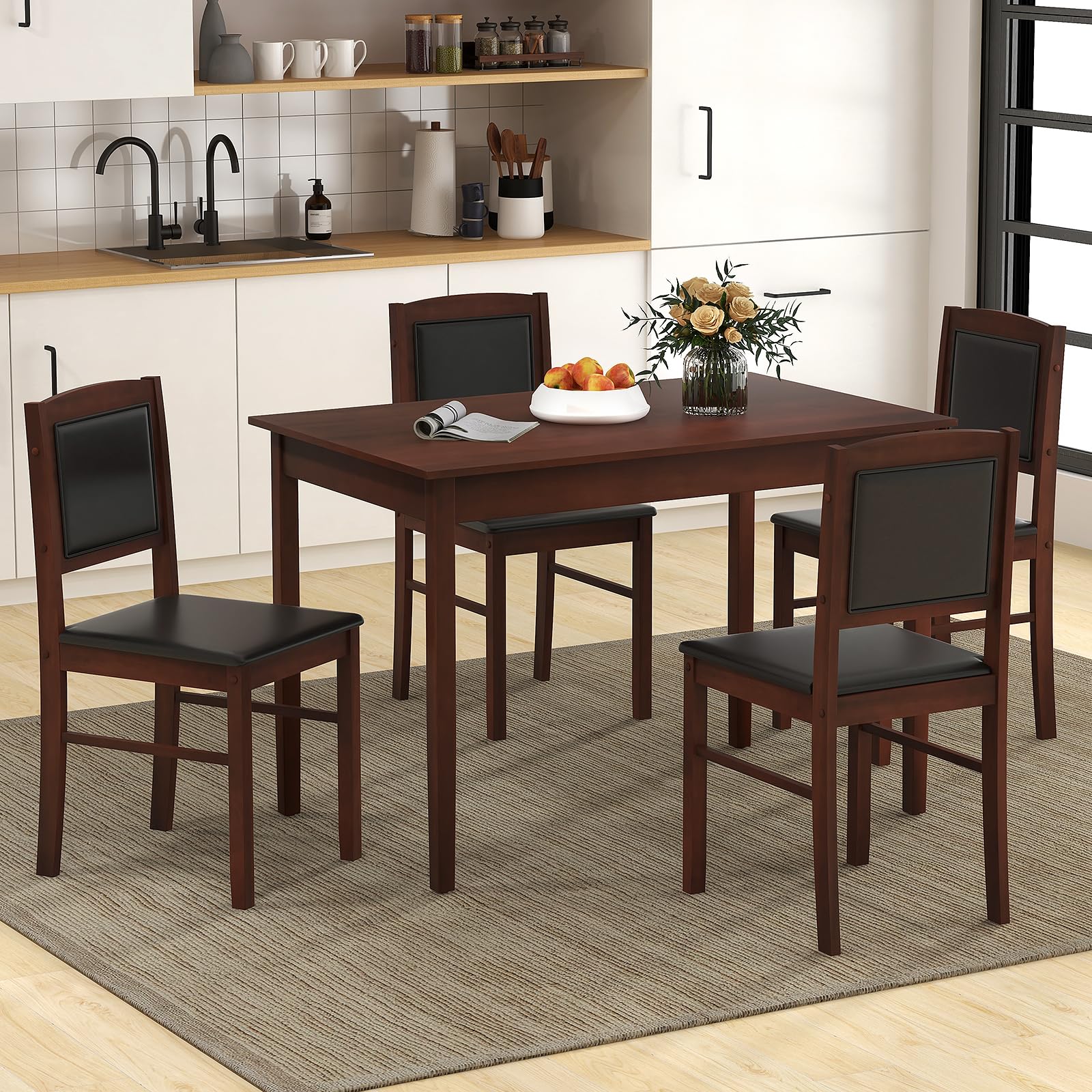 Farmhouse Dining Table Set for 4 with Padded Chairs