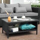 Outdoor Wicker Coffee Table Patio Furniture Garden Rattan 2-Layer Glass Table