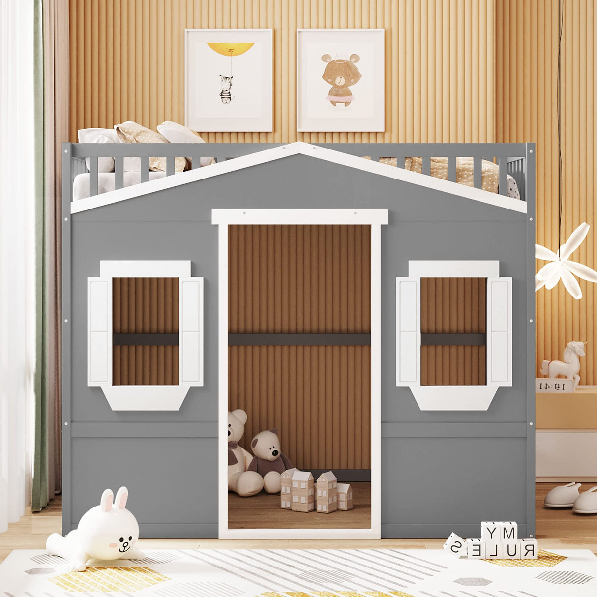House Loft Bed Full Size Kids Playhouse Bed, Solid Wood Loft Bed Frame with Window