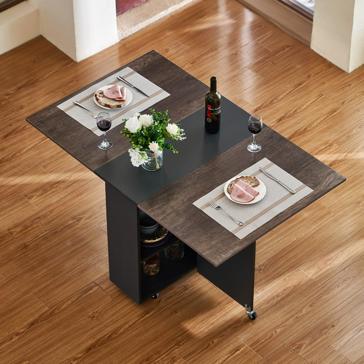 Modern Folding Dining Table, Drop Leaf Dining Table & Expandable Kitchen Table with Drawer & Storage Shelves,