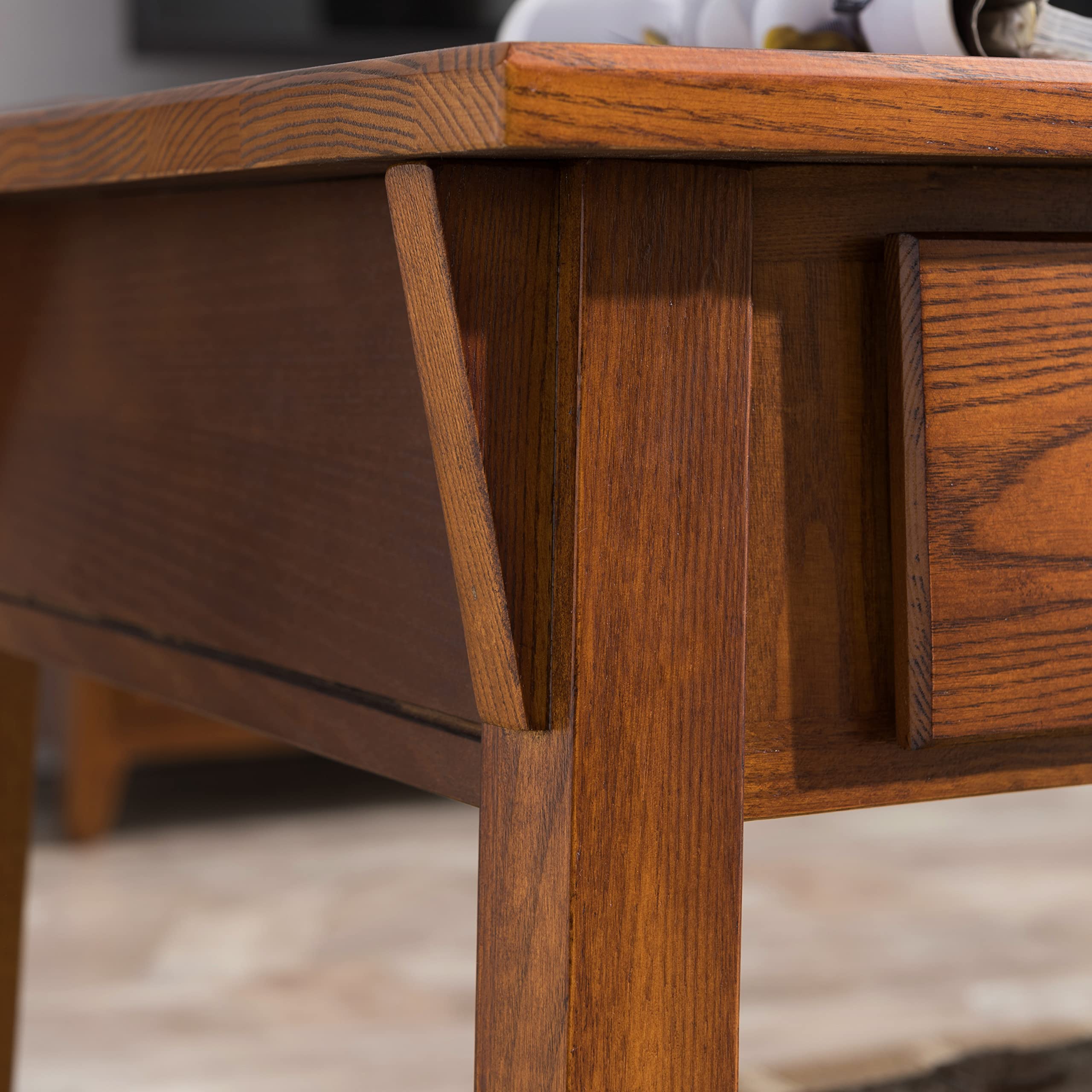 10055-RS Mission Coffee Table for Living Room, Two Drawers and Shelf