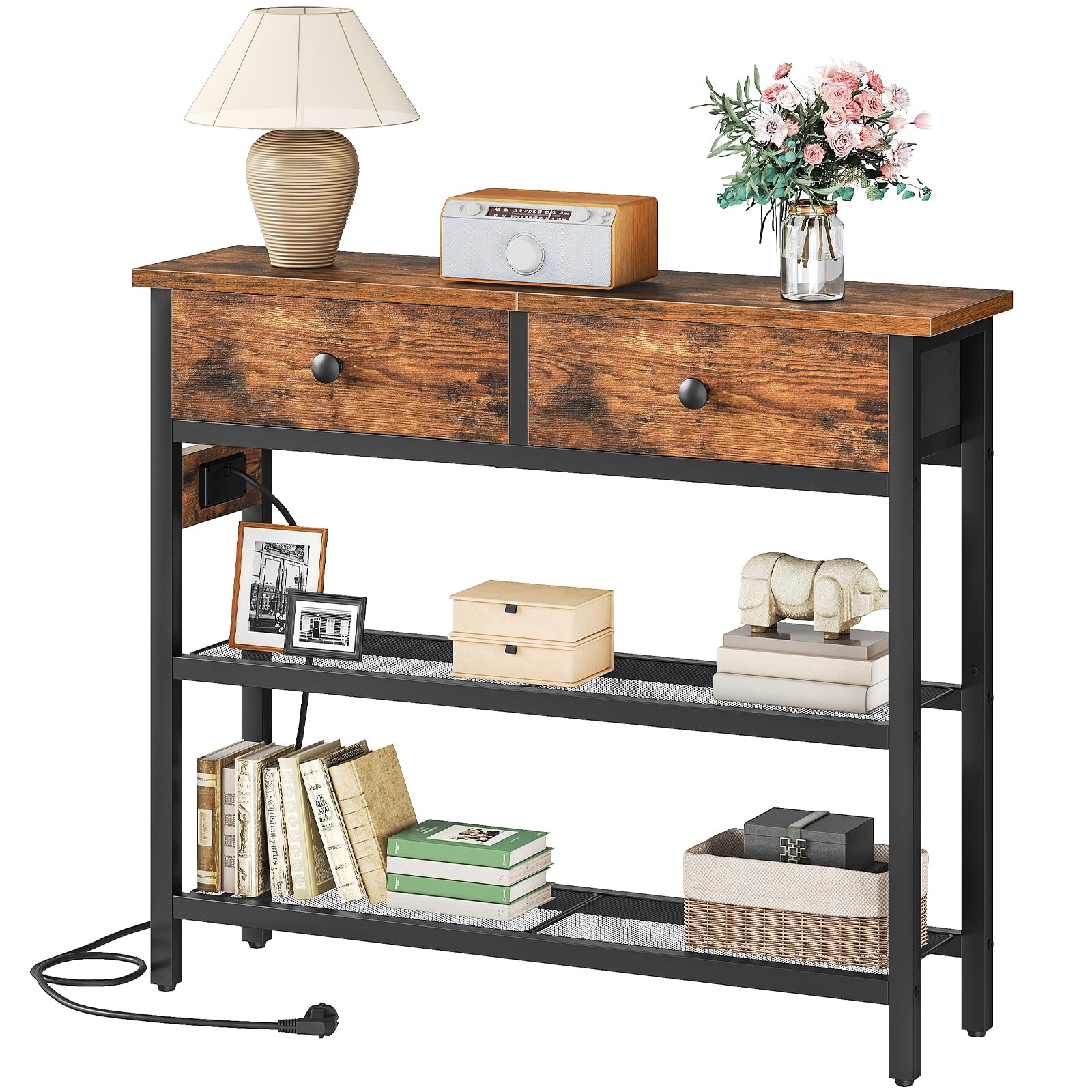 29.5" Narrow Console Table with Power Outlet & Fabric Drawers