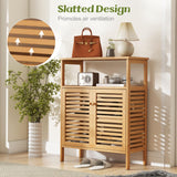 Bamboo Floor Cabinet, Bathroom Storage Cabinet with Double Slatted Doors, Open Shelf,