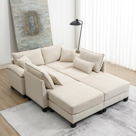 Wide Seat Corduroy Modular Sectional Sofa Bed, Oversize Indoor Furniture 6 Seat Free Combination Sleeper Couch Set with Ottomans and Armrest Pillow,Beige