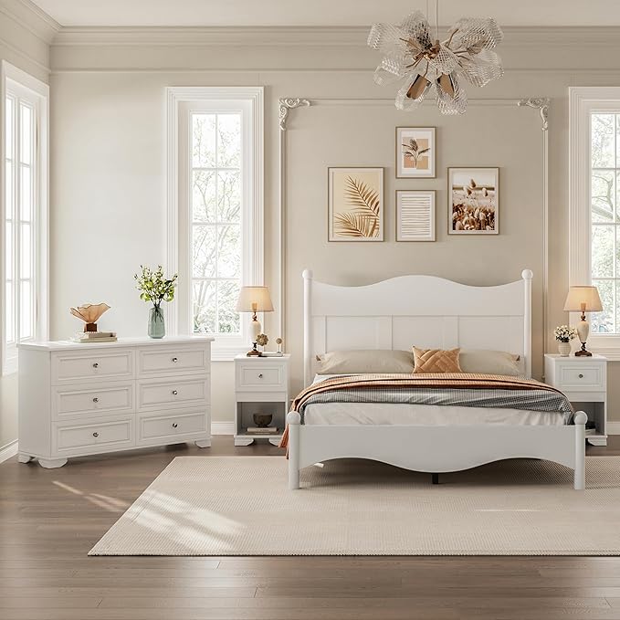 4 Pieces Queen Bedroom Sets, Including Retro Platform Bed Frame
