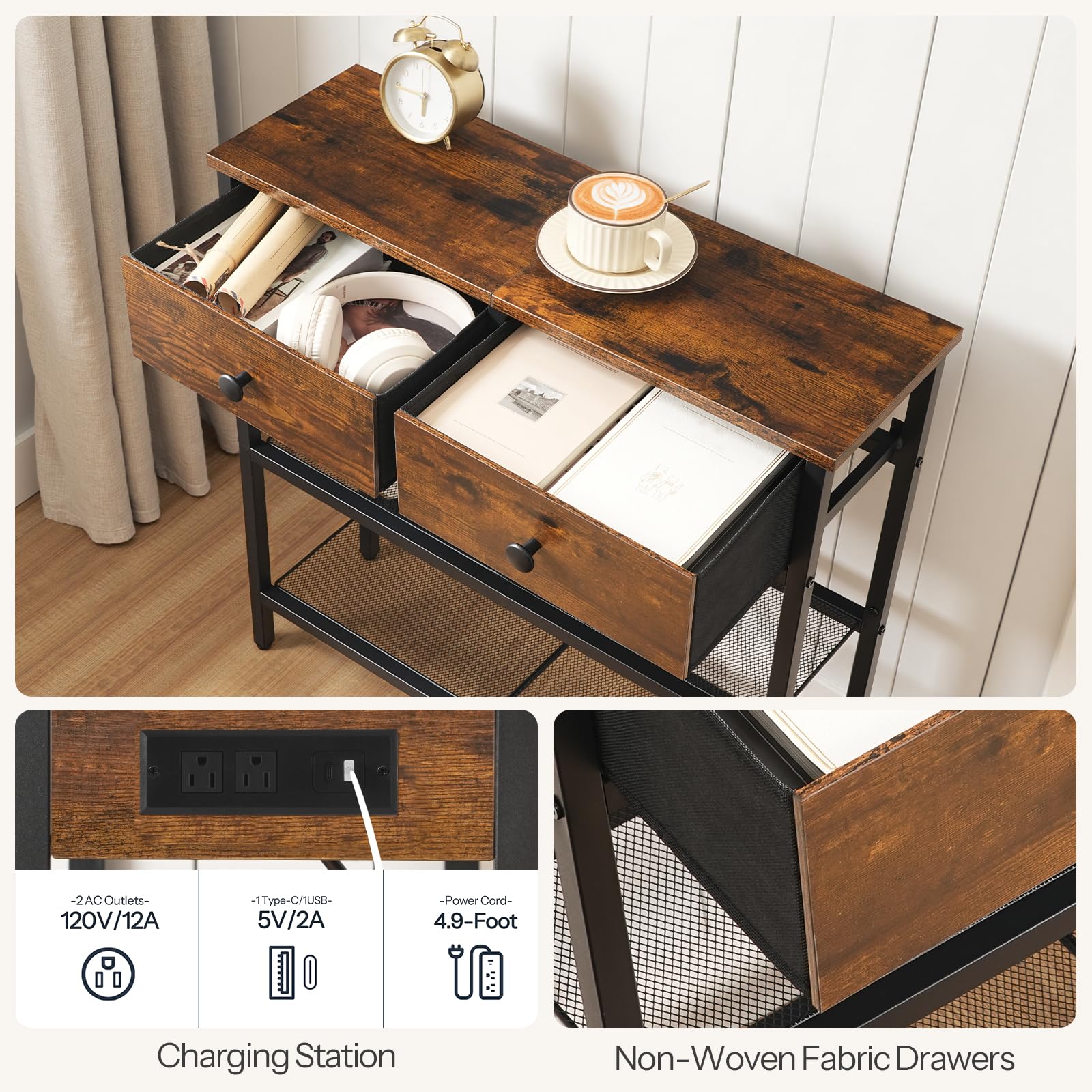 29.5" Narrow Console Table with Power Outlet & Fabric Drawers