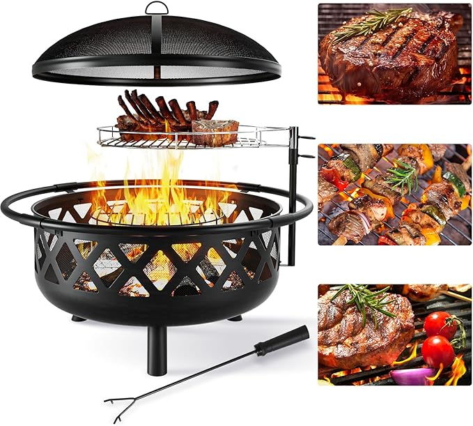 Outdoor Fire Pit 30in Firepit with Spark Screen for Outside Wood Burning Outdoor