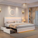 Queen Led Bed Frame with 4 Storage Drawers, with Smart Control RGBW LED Lights Headboard Footboard,