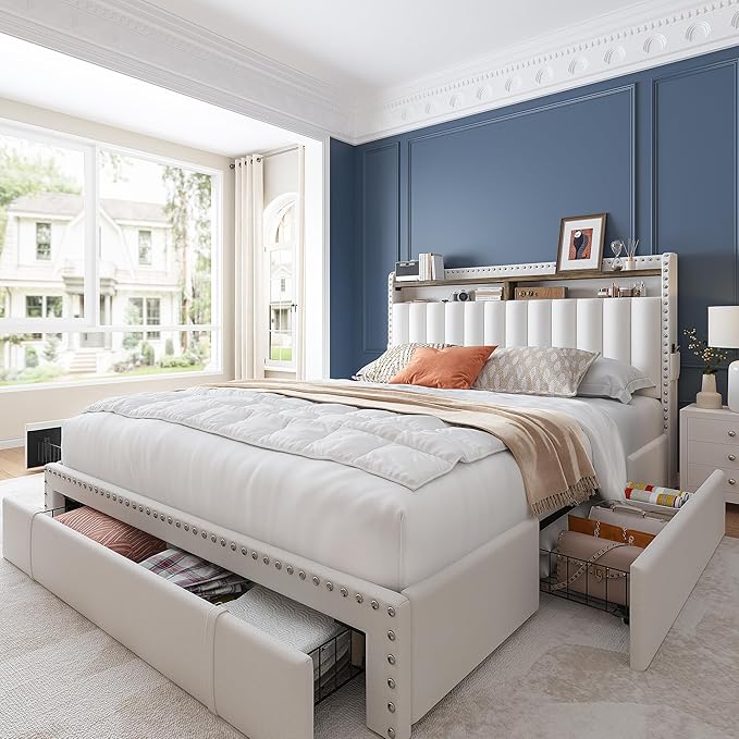 Queen Bed Frame with 3 Drawers,Upholstered Queen Size Bed Frame