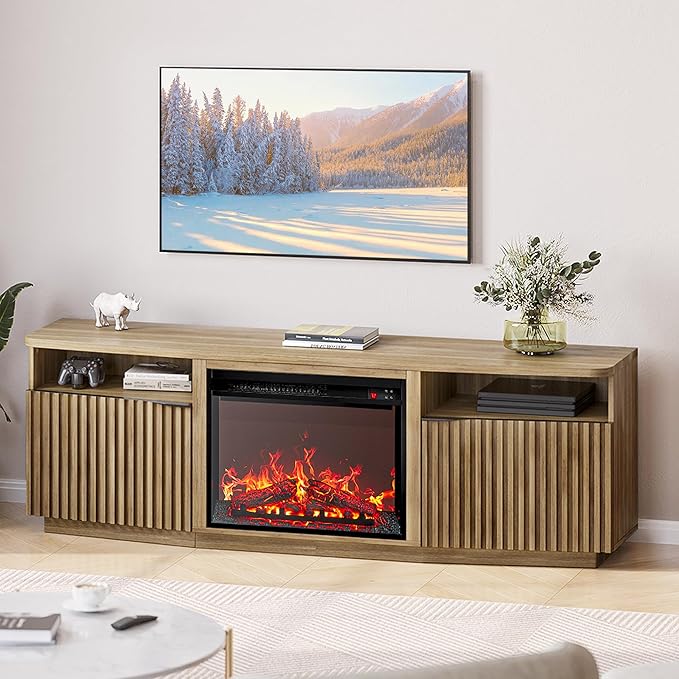 Fluted TV Stand with 23" Electric Fireplace Heater with Sound