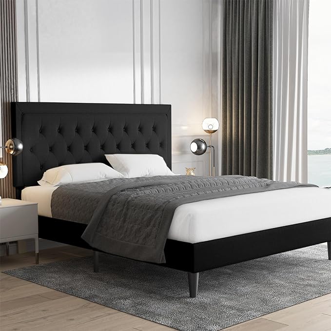 Full Size Bed Frame Upholstered Platform Bed with Adjustable Headboard, Button Tufted,