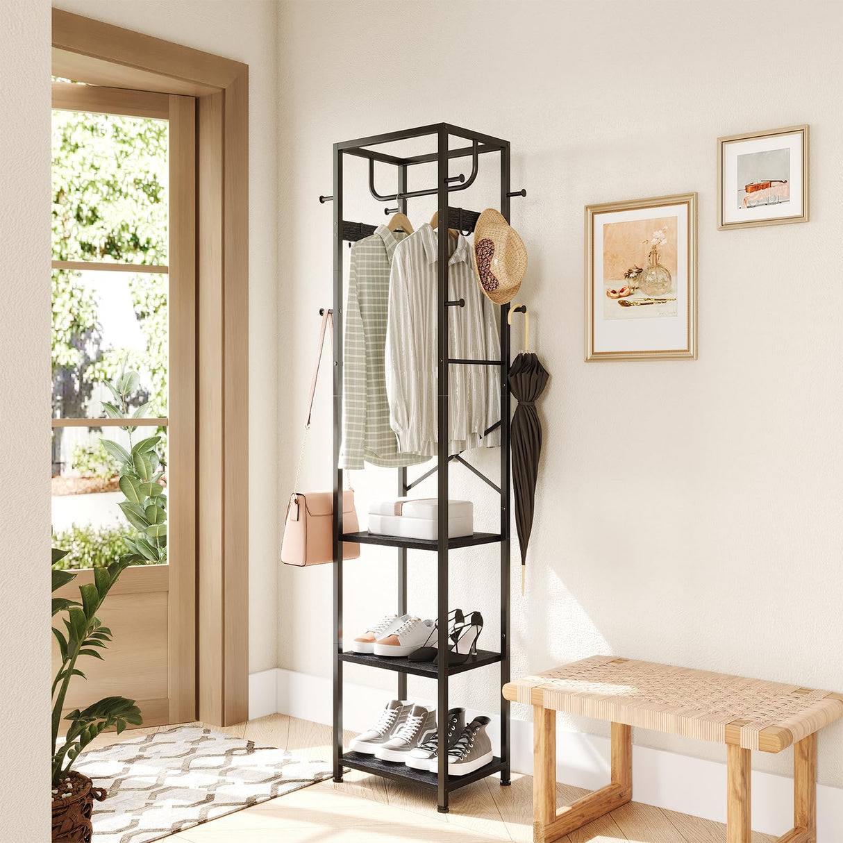 Coat Rack Freestanding, Hall Tree with 3 Storage Shelves and 12 Hooks, Metal Clothes Rack Stand