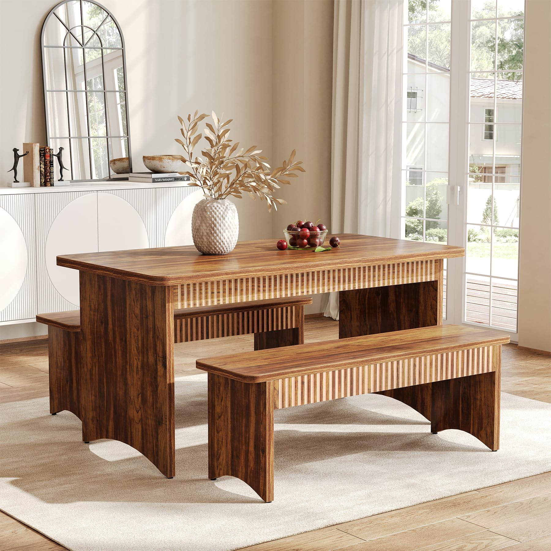 55" Farmhouse Dining Table Set with 2 Benches