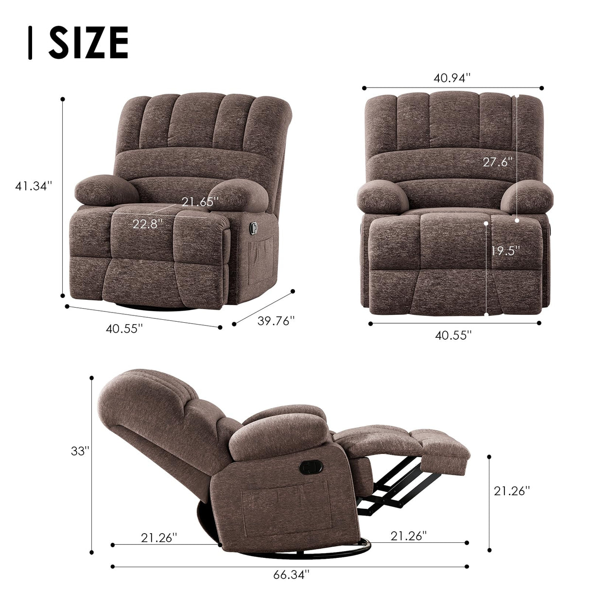 Oversized Swivel Rocker Recliner Chair for Living Room Bedroom for Adults, Brown