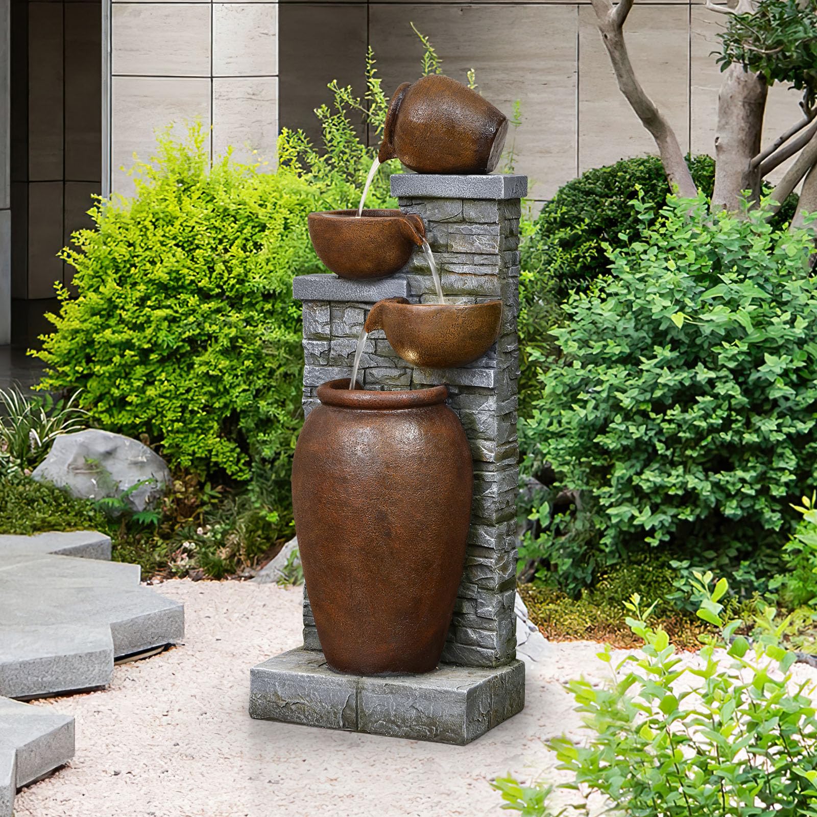 42.52" Outdoor Garden Water Fountain with Lights 4 Tiers Cascading Large Waterfall