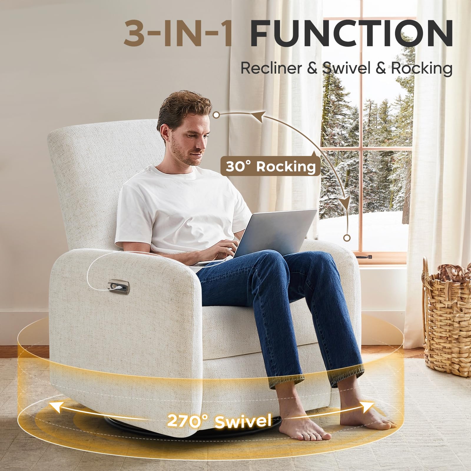 Power Recliner Chair, Swivel Rocker Recliner w/USB & Type-C Charging Ports
