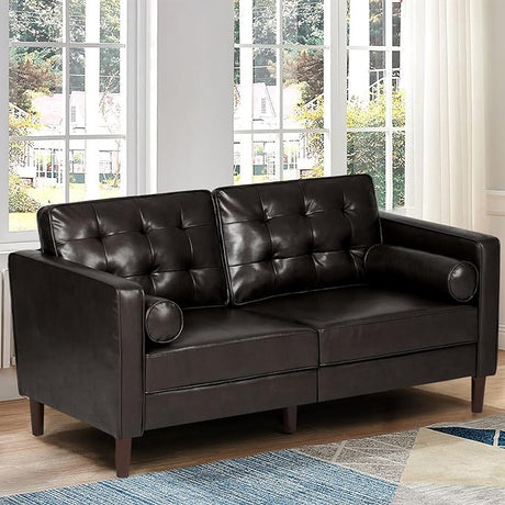 Premium Faux Leather 3-Seat Sofa w/Two Bolster Pillows and Tufted Backrest