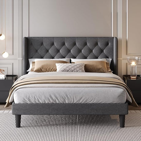 Queen Size Upholstered Platform Bed Frame with Wingback Headboard,