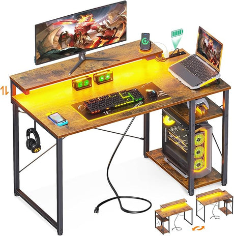 Small Computer Desk with Led Lights & Power Outlet, 40 Inch Reversible Writing Desk