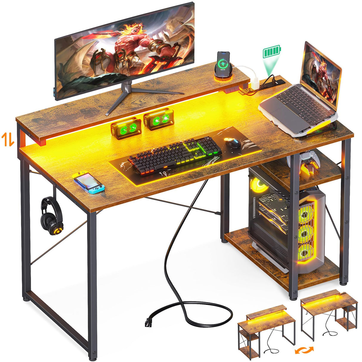 Small Computer Desk with Led Lights & Power Outlet, 40 Inch Reversible Writing Desk