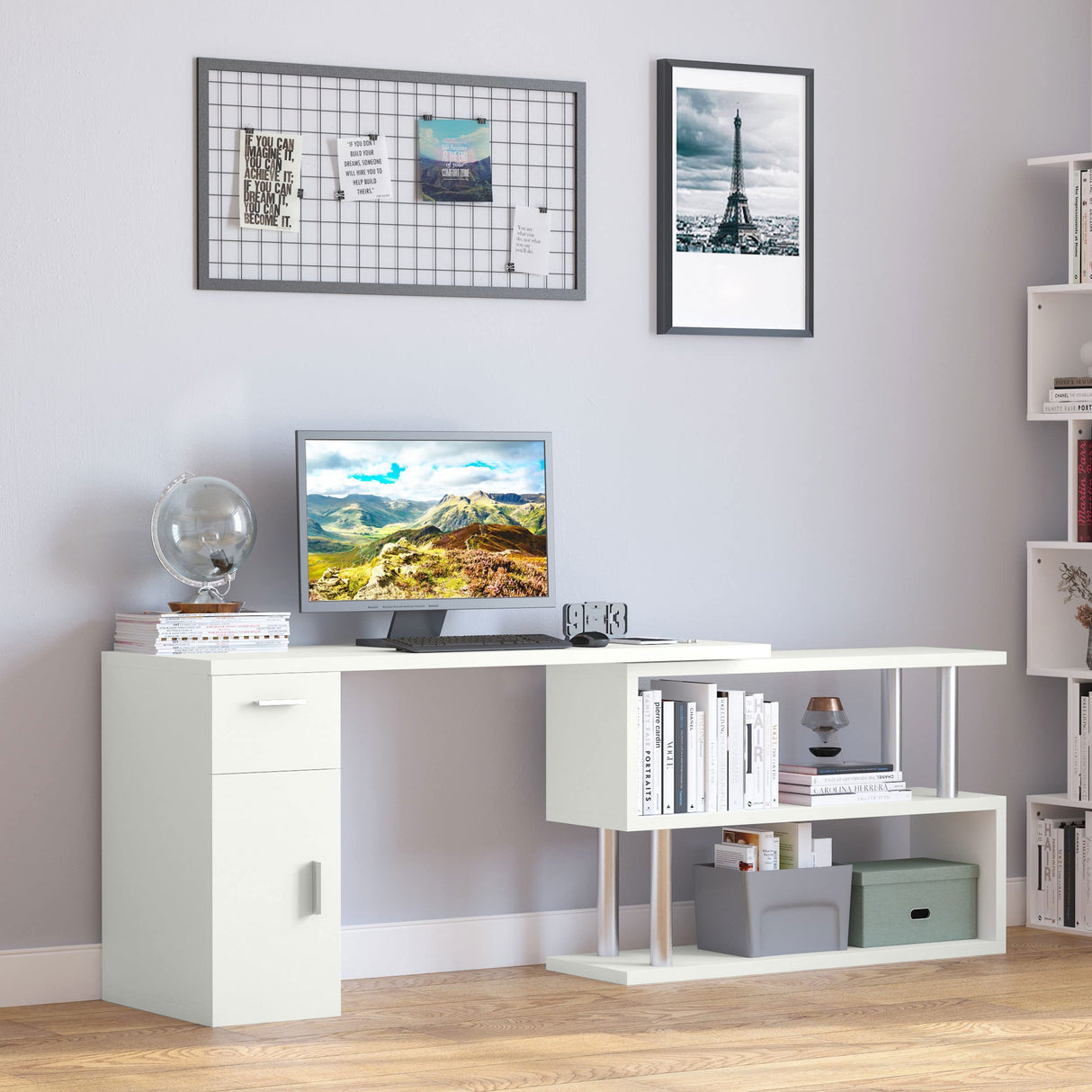 Rotating Computer Desk, 55" L-Shaped Desk, Corner Desk with Storage Shelves