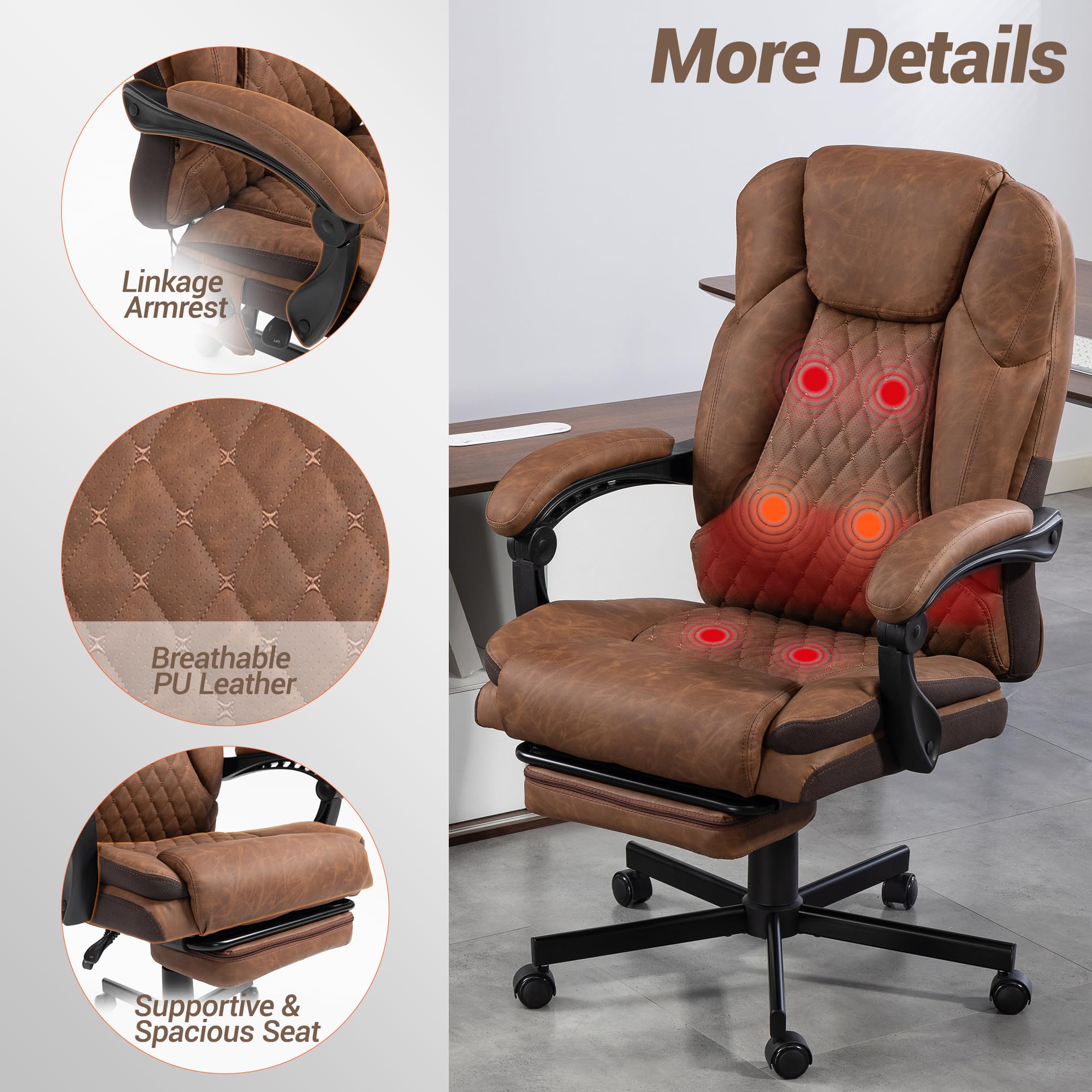 Massage Office Chair with Footrest - Ergonomic Executive Desk Chair with Heat & Vibration