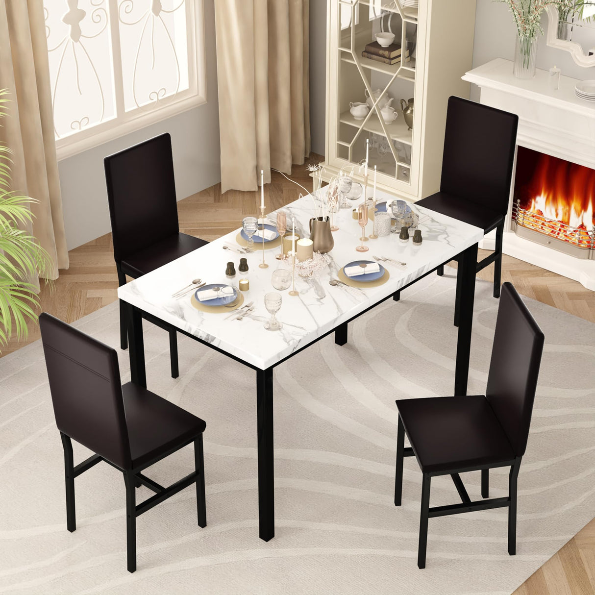 Dining Table Set for 4, Faux Marble Kitchen Table Chairs Set of 4 PU Leather Chairs