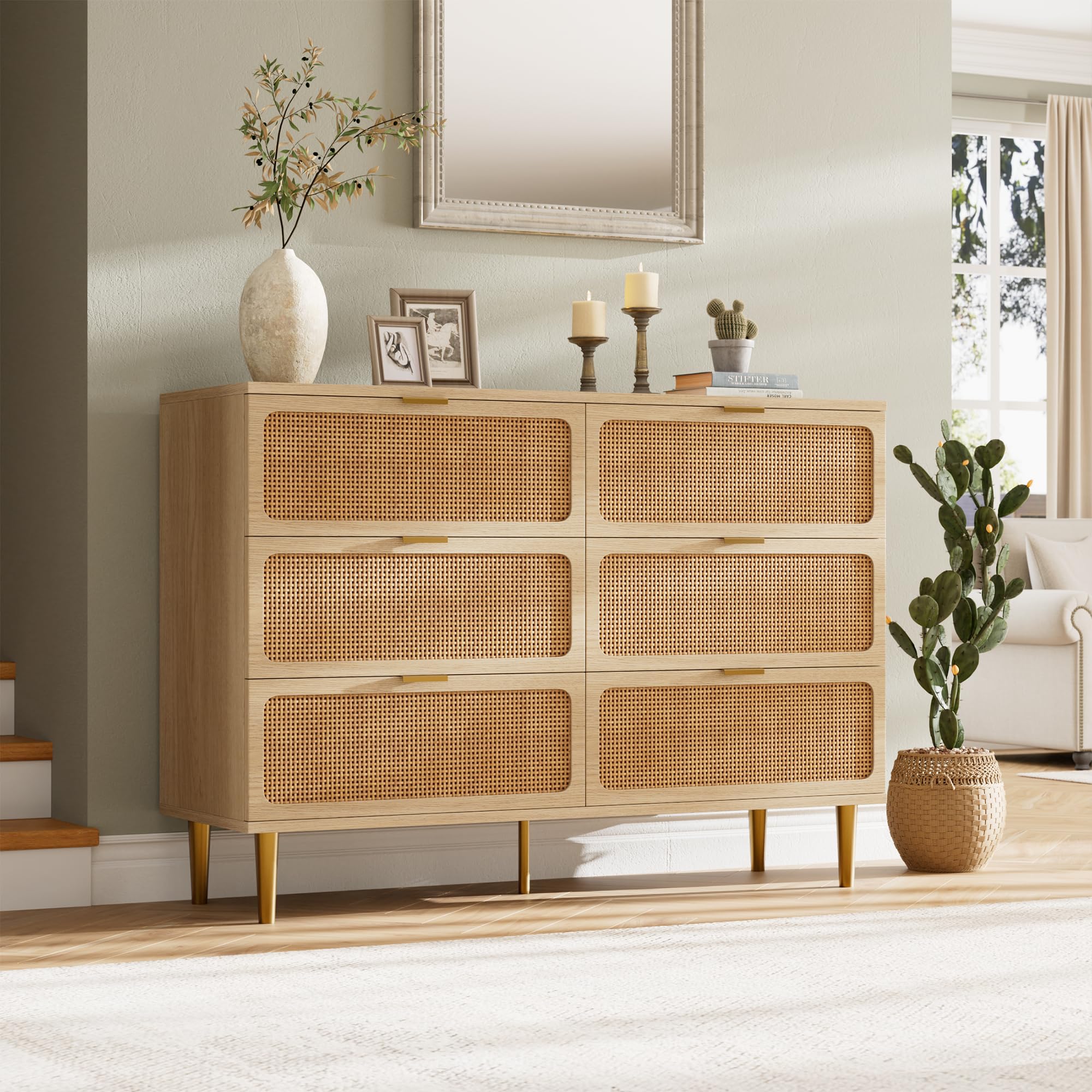 Rattan 6 Drawer Dresser for Bedroom, Large Double Dresser