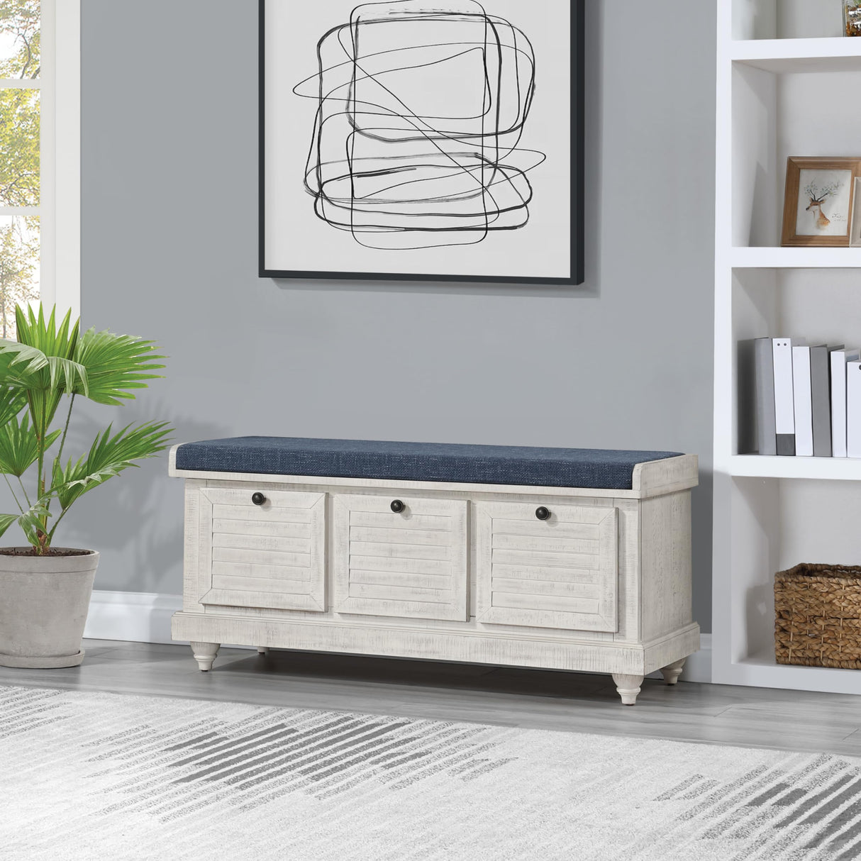 Dover Coastal Lift-Top Storage Bench with Shutter Face Styling, Distressed White Finish