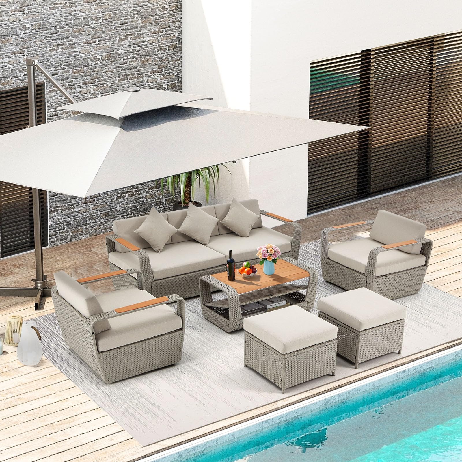 6 Piece Patio Furniture Set, Outdoor Sectional Conversation Rattan Sofa Set